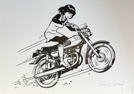 COMICS Ex-libris : Yoko Tsuno - Yoko Tsuno on a motorcycle (B/W) (Leloup)