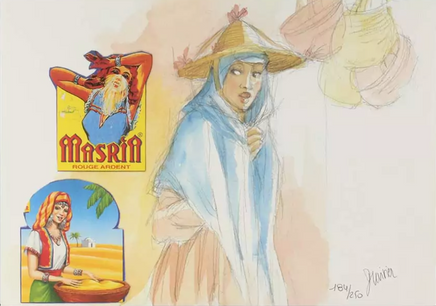 Illustration of a woman in traditional attire with a 'Massigni' lipstick ad in the corner.