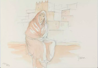 Artistic depiction of a figure in a hooded garment with a castle-like structure in the background