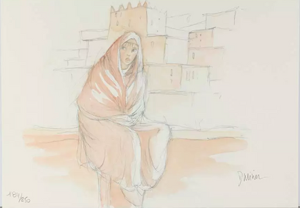 Artistic depiction of a figure in a hooded garment with a castle-like structure in the background